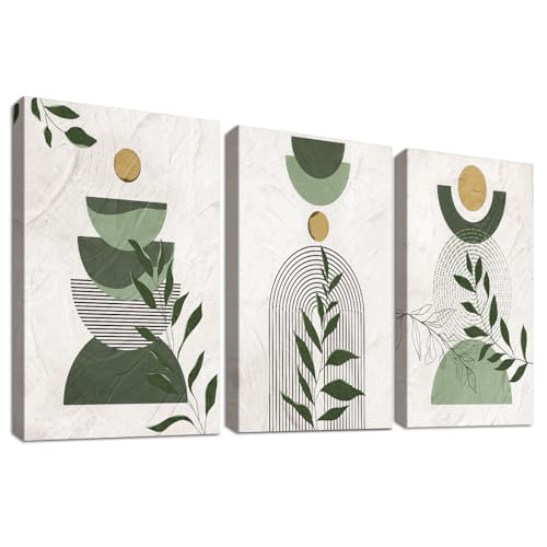Set of 3 Wooden Framed Boho Sage Green Canvas Wall Art Bohemian Beige Green Leaves Painting on Canvas Prints Geometric Sun Moon Pictures for Living Room Bedroom Hallway Wall Decor 30x40cm x3pcs