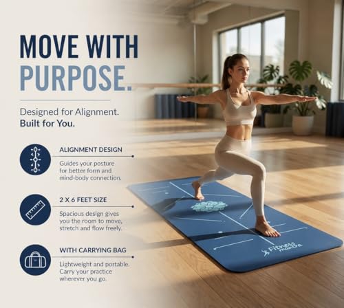 Image of Fitness Mantra TPE Yoga Mat for Women & Men | Anti-Slip Alignment Design | Premium Cushioning Exercise Mat for Yoga, Gym & Workout | Lightweight & Durable | 6mm Thickness |AlignFlow| Ocean Blue|