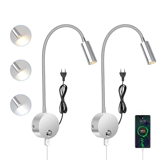 ERWEY 2 Stück Leselampe Bett, Leselampe Wand mit Touch Dimmbar 3 Farben, 360° Flexibel Schwanenhals lampe mit USB und Stecker, Bettlampe Leselicht für das Bett, Silber