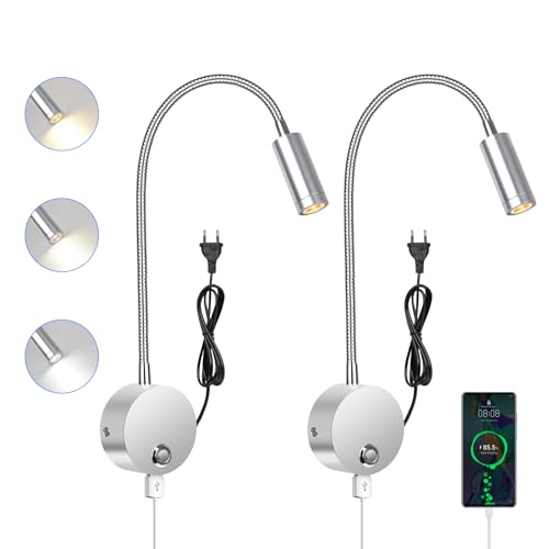 ERWEY 2 Stück Leselampe Bett, Leselampe Wand mit Touch Dimmbar 3 Farben, 360° Flexibel Schwanenhals lampe mit USB und Stecker, Bettlampe Leselicht für das Bett, Silber