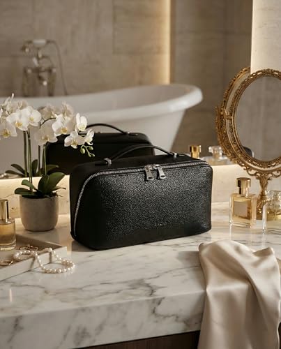 Image of EACHY Travel Makeup Bag, Lychee Leather Large Capacity Cosmetic Bag for Women, Open Flat Toiletry Bag with TPU Brush Compartment, Waterproof Skincare Organizer Travel Essentials