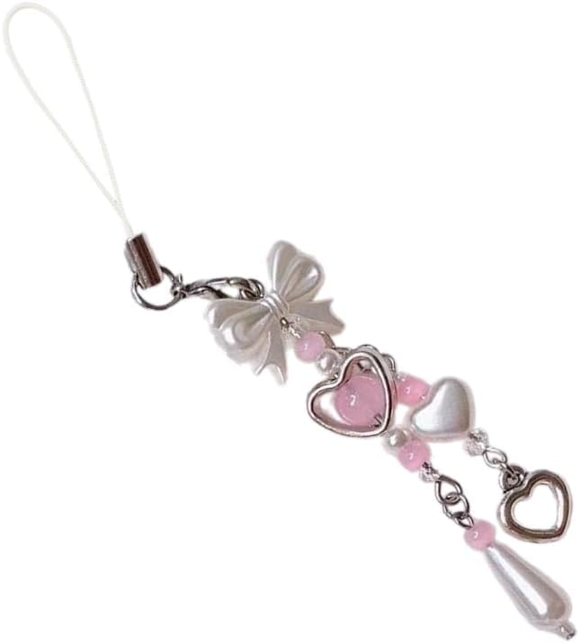 Stylish Bowknot Phone Pendant Trend Phone Charm for Women Girls Heart Beaded Keychain Bag Purse Backpack Wallet Decors