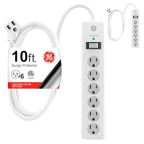 GE Surge Protector Power Strip, 10 Ft Extension Cord, 6 Outlet Extender, 800 Joules, Flat Plug...