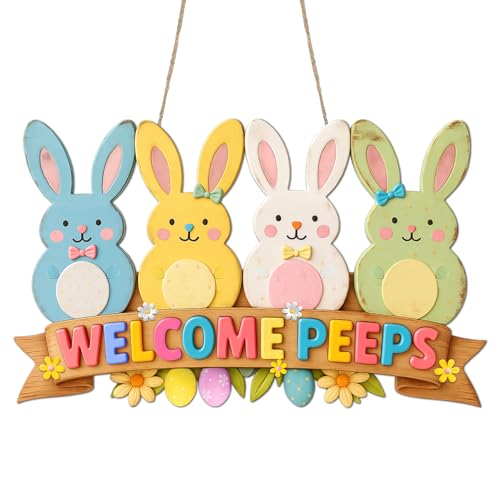 BDDYYI Wooden Easter Door Hanger Welcome Sign - Bunny Door Decorations for Front Door Outside Porch Decor Easter Wreath Cute Spring Wall Hanging Plaque for Home Classroom Party - Colorful Easter Gift