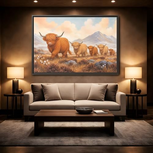 Toile vache Highland de luxe grand format avec cadre Espresso