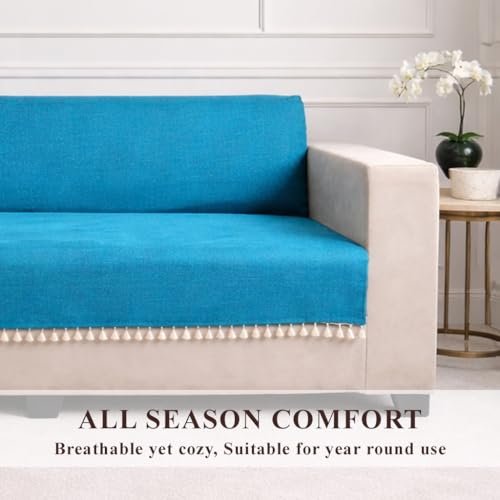 Image of STITCHNEST Jute Sofa Cover - Blue, 70x60 Inch | Soft Textured Fabric with Tassel| Full Coverage Sofa for Living Room Decor