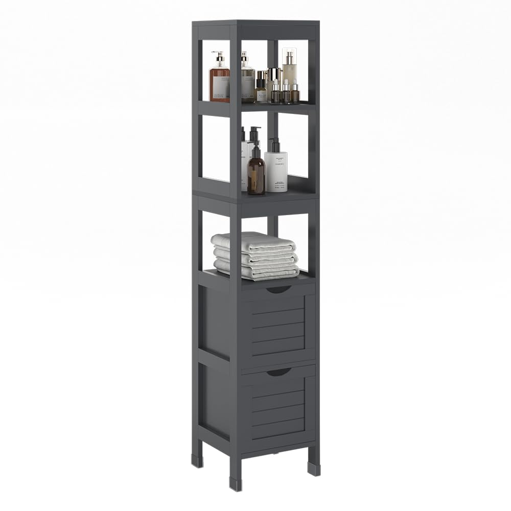 Vicco Badschrank Vilda, Grau, 30 x 144 cm | mit 2 Schubladen, zur Aufbewahrung von Badaccessoires und Pflegeprodukten