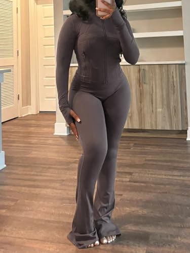 XZLUFNY Casual Workout Two Piece Outfits for Women Long Sleeve Tops Flare Pants Matching Sets3