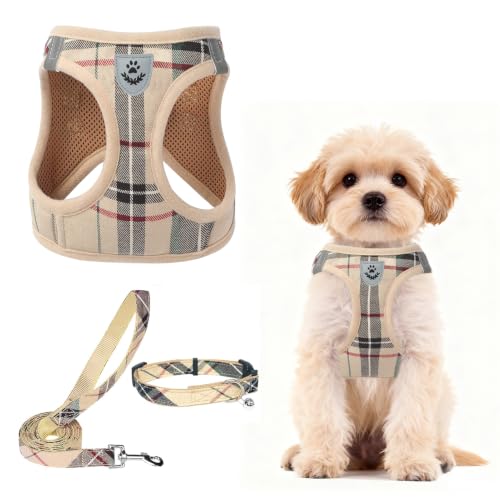 PUPTECK Adjustable Dog Harness Collar and Leash Set Step in No Pull Pet Harness for Small Medium Dogs Puppy and Cats Outdoor Walking Running, Soft Mesh Padded Reflective Vest Harnesses, Beige S
