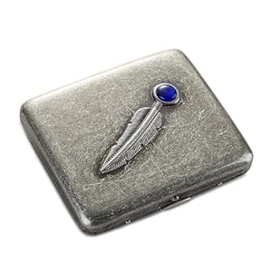Vintage Metal Case – Retro Holder Case with Exquisite Carved Feather and Sapphire – Minimalist Storage Case for Women Men, Holds 14 to 20, up to 84mm, Silver, Feather