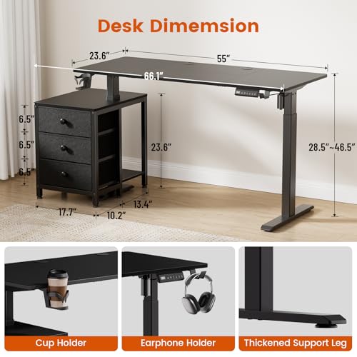 Image of REAHOME Electric Standing Desk with Drawers, 55 x 24 Inches Height Adjustable Sit Stand Desk with Storage, 3 Memory Preset Home Office Computer Desk, Printer Cabinet, 2 Hooks, Cable Management, Black