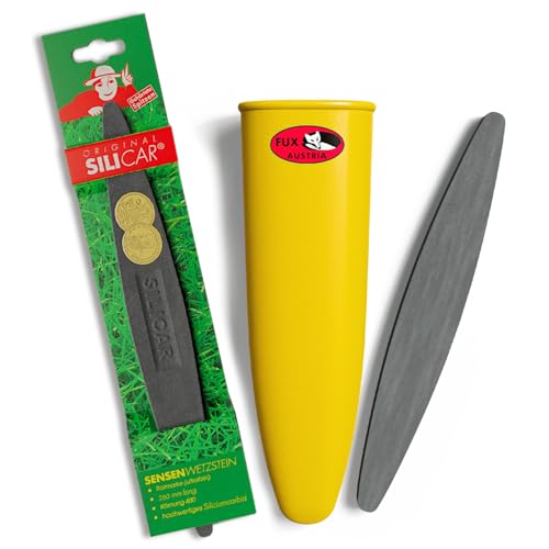 Sensenwerk 3er Set Wetzstein für Sensen – inkl. Sensenwetzsteine grob NK150 aus Norm alkorund, fein CD400 aus Siliciumcarbid und Schleifsteinhalter für Gürtel