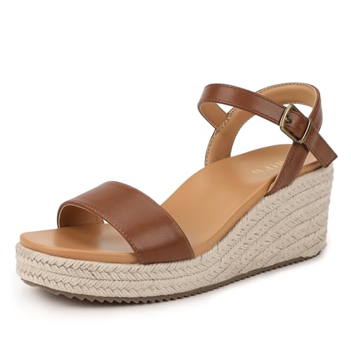 IDIFU Brown Platform Espadrilles Wedges for Women Slip on Ankle Strap Square Open Toe Slingback Dressy Sandals Comfortable Casual Cute Summer Vacation Wedding Wedges Sandals(Brown Pu, 8)