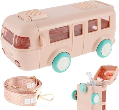 Pluspoint Bus Water Bottle For Kids Detachable Bus Straw Water Cup With Shoulder Strap Leak-Proof Kids Drink Cup Cartoon Water Jug Toy With Wheels Toddler Water Bottle (Pink) - Plastic, 500 Ml