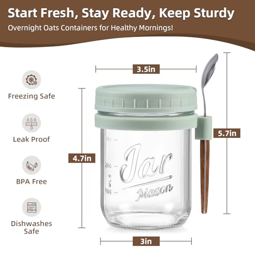 Image of LANDNEOO 4 Pack Overnight Oats Containers with Lids and Spoons, 16 oz Glass Mason Jars with Airtight Lids, Overnight Oats Jars for Milk, Cereal, Fruit-Green