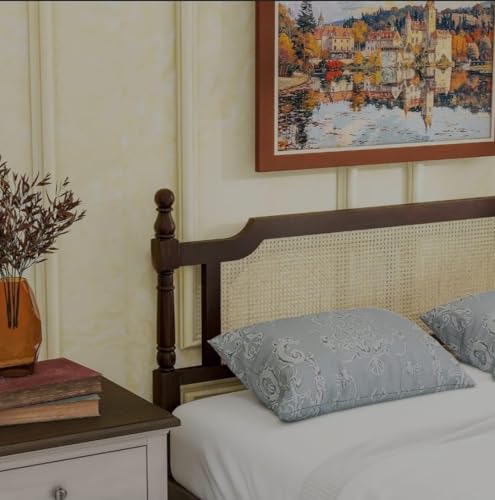 Image of Janghu Furniturewala Solid Sheesham Wood Classic Colonial Bed with Dual Cane Jali Work | Handcrafted Wooden Double Bed with Rattan Headboard & Footboard | Walnut Finish (King)