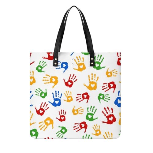 Sac shopper femmes imprimé main jaune bleu, grand tote bag de voyage et sac à main