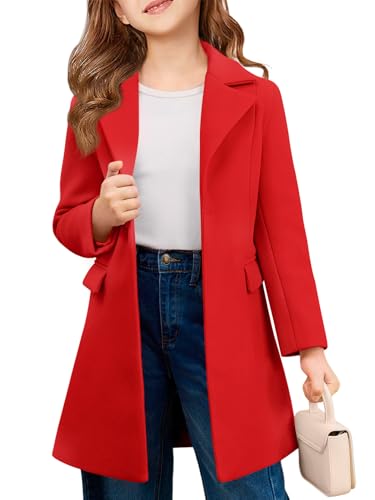 Image of Haloumoning Girls Dress Coat Kids Single-Button Lapel Wool Blend Long Winter Jackets with Pockets 5-14 Years