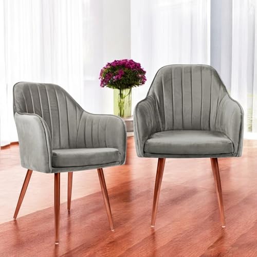 Image of Set of 2 Accent Chair for Living Room | Modern Armchair in Soft Velvet Fabric with Sturdy Legs | Premium Chair for Home Living Room Bedroom Restaurent | (Bronze Legs, Grey)