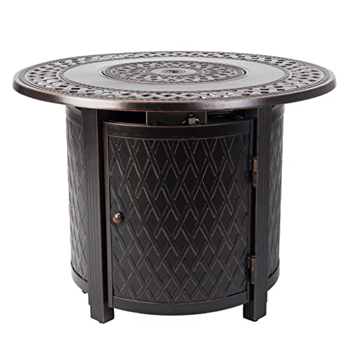 Fire Sense 62988 Wagner Woven Aluminum Convertible Gas Fire Pit Table 37,000 BTU Multi-Functional Outdoor with Fire Bowl Lid, Nylon Weather Cover & Clear Fire Glass - Bronze Finish - Round - 34'