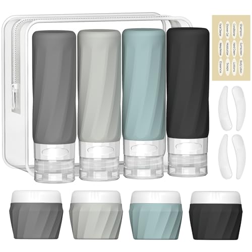 Silevoler 14pack Travel Bottles for Toiletries, TSA Approved Travel Size Toiletries Containers Set, Premium Silicone Leak Proof Refillable Squeezable & Creams jars Accessories Kit W/Clear Bag (Gray)
