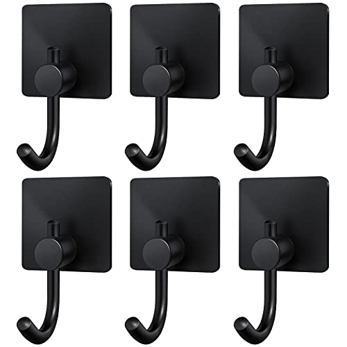 Lychico Self Adhesive Hooks 6pcs, Heavy Duty and Waterproof, Hanging up to 6KG, Wall Door Sticky Hooks for Towels, Coats, Hats, Purses in Bathroom, Shower, Kitchen, Black