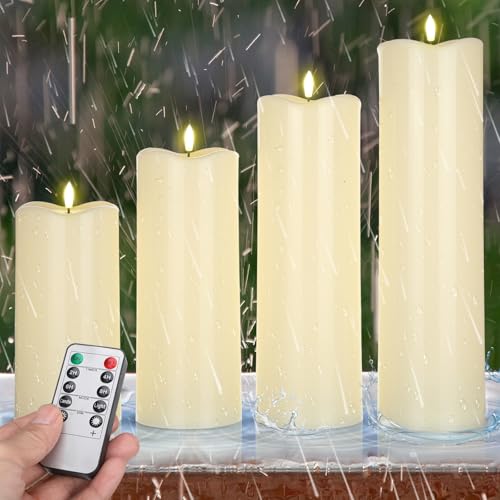 Image of Rossesay 8 inch 10 inch 12 inch 14 inch x 4 inch Large Waterproof Outdoor Flameless Candles, 4 Pcs LED Pillar Candles with Remote and Timers Battery Operated Jumbo Flickering for Home Patio Porch Church Indoor Lanterns