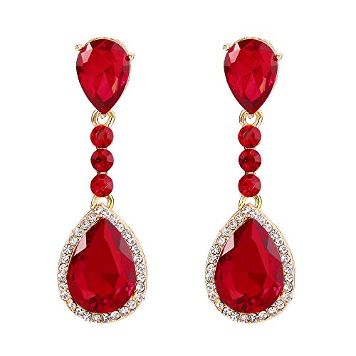 BriLove Wedding Bridal Clip-On Earrings for Women Crystal Teardrop Infinity Figure 8 Chandelier Dangle Earrings Ruby Color Gold-Toned