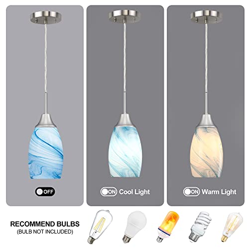 Image of Mini Glass Pendant Light with Handblown Blue Marble Art Glass Shade Adjustable Cord Modern Oval Lamp Ceiling Pendant Light Fixture for Dining Room, kitchen,Foyer, Hallway, Brushed Nickel Finish 3 Pack