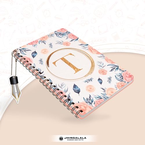Image of Jhingalala Diaries - A5 Hardbound Floral Design Diary Cover With Initial Letter Wiro Notebook Diary With Dangler I Spiral Notebook With Planner and Calendar 2024 I 160 Undated Ruled Pages (Initial T)
