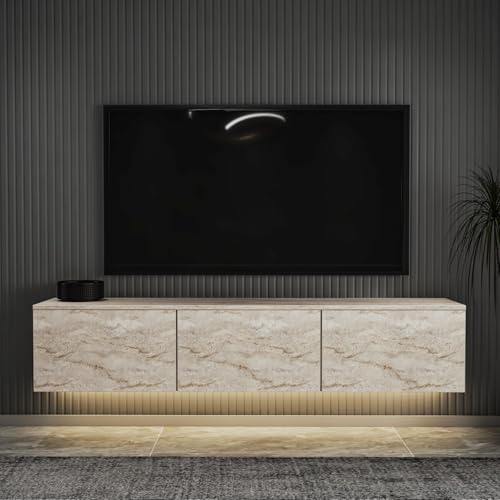 Stylish TV Stand with Wall-Mount Option, Travertine Marble Finish, 160 cm x...