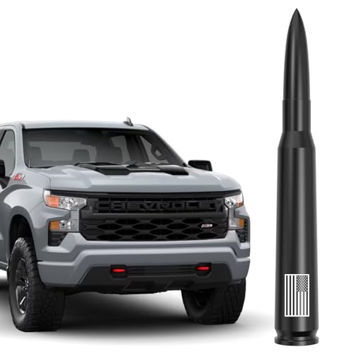 American Flag 50 Cal Bullet Antenna - Anti-Theft Design for GM Chevy Silverado & GMC Sierra 1500 2500HD 3500HD Custom High Country ZR2 Z71 RST Redline AT4 Denali 2007-2025 (Black)