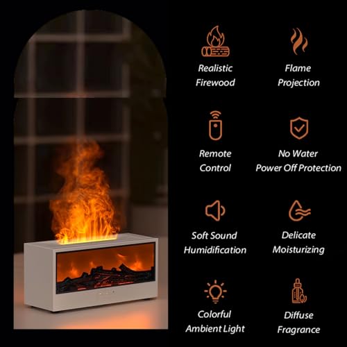 Image of Fireplace Diffuser, Colorful Flame Aroma Humidifier with LED Bonfire Effect & Remote Control, Ultrasonic Cool Mist Maker for Home, Bedroom, Office, Spa, Yoga (White)