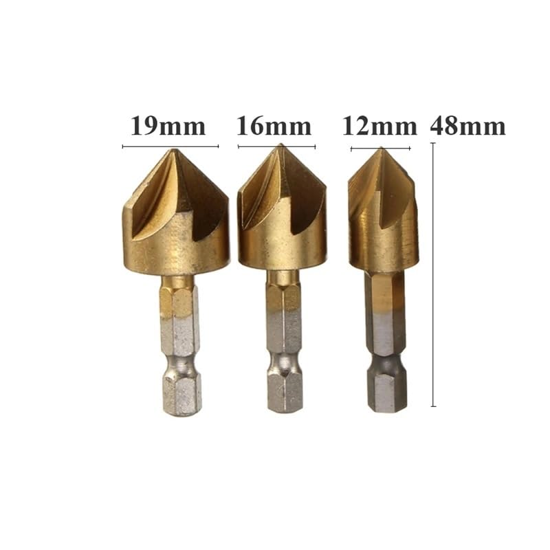 3PCS 5 Flute Chamfer Countersink 1/4" Hex Shank HSS Wood Chamfering Cutter Chamfer 12/16/19mm Countersink Drill Bit DIOBFZFY