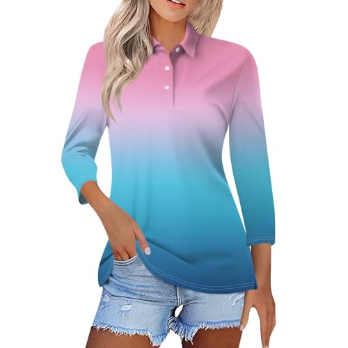 3/4 Length Sleeve Womens Tops Summer Gradient Polo Funny Golf Shirts Button Up Lapel Soft Hawaiian Holiday Business Casual Blouses Ethnic Boho Plus Size Clothes Womens Golf Shirt 2025, Blue, S