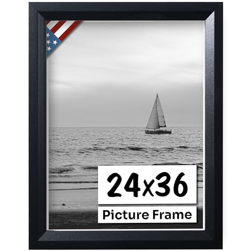 US Art Black 24x36 Picture Frame Beveled .84" Inch Wide - Black Wall Decor Handmade Solid Wood Frames with Preinstalled Hangers and UV Blocking Plexiglass 36x24 Frame