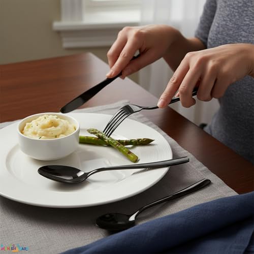 Image of Mirror Polished Black 8 Pcs Stainless Steel Cutlery Set for Dining Table, Dishwasher Safe Glossy Flatware (2 Spoon Set + 2 Forks Set + 2 Butter Knife + 2 Dessert Spoon)