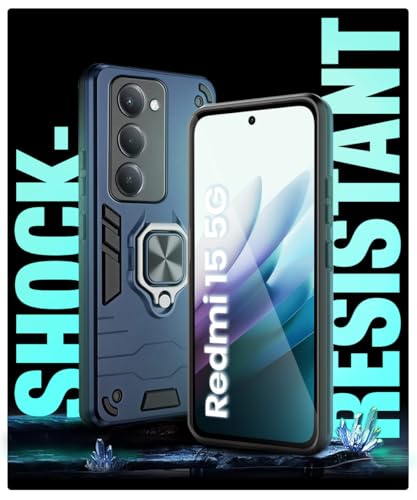 Image of WOW IMAGINE Shock Proof Back Case Mobile Cover for Mi Redmi 15 5G | Back Cover Case (Tough Armor | Hybrid PC + TPU | Ring Holder & in-Built Kickstand | Blue)