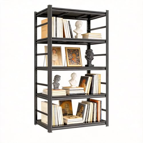 Image of 5 Tier Bookshelf, Large Industrial Metal Shelving, Heavy Duty Storage Shelves For Books And Display. Adjustable Open Standing Book Shelf For Living Room, Bedroom, Office (35.4 inchWx15.7 inchDx71.2 inchH)