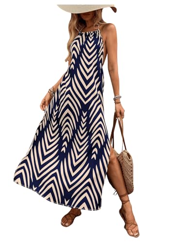 Image of SOLY HUX Women's Bohemian Backless Sleeveless High Slit Backless Maxi Dress for Women Flowy Dress for Beach Holiday