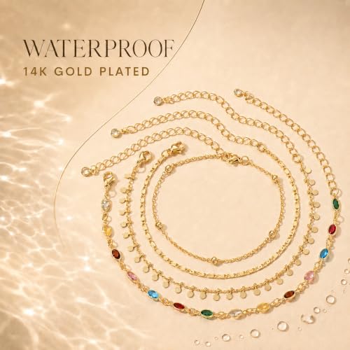 Image of iF YOU Gold Ankle Bracelets for Women, 14k Gold Plated Waterproof Cuban Link Chain Anklets Set, Layered Anklet Bracelets for Women Beach Gift Adjustable Size 5pcs