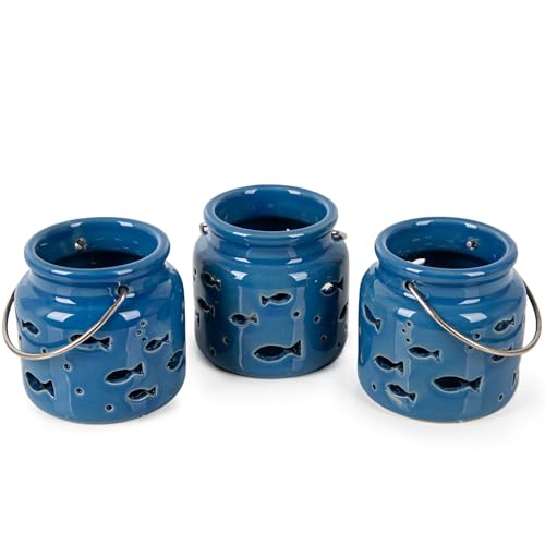 Logbuch-Verlag Lot de 3 photophores maritimes bleus avec poissons - Décoration de table pour baptême, communion, confirmation - 8 cm