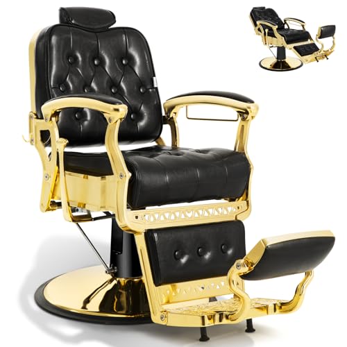 Towning Barber Chair Heavy Duty Vintage Recline Hydraulic 360° Swivel Professional Salon Chair Beauty Spa Shampoo Equipment (Gold)