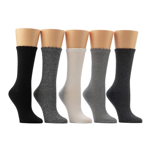 BEARPAW Womens 5 Pair Pack Super Soft Modern Multicolor Assorted Easy Care Solid Crew Socks With Scallop Edge Neutral Colors