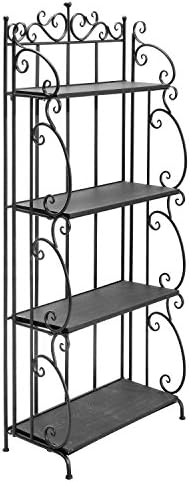 MyGift Black Metal Freestanding Indoor Plant Rack Stand with 4 Wood Display Shelves, Tall Bookshelf Storage Shelving Unit with Metal Scrollwork Frame