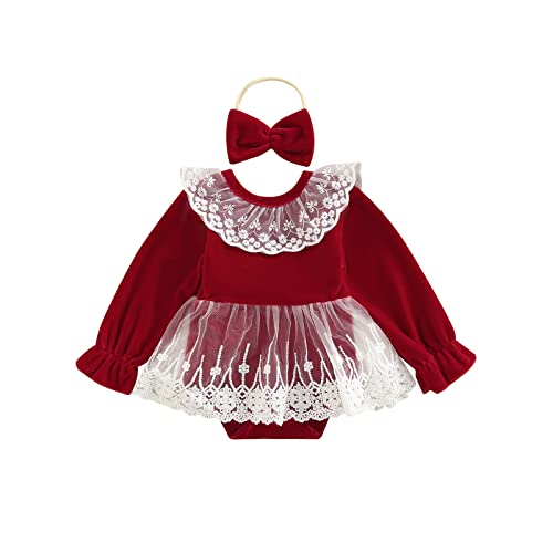 Hnyenmcko Newborn Baby Girl Christmas Clothes Infant Red Plaid Romper Dress Ruffle Long Sleeve Ribbed Bodysuit Headband Set (Red-Velvet Romper Dress, 6-12 Months)