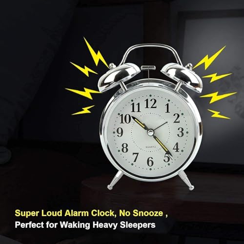 Image of Vintage Twin Bell Table Top Alarm Clock with Night LED Light Analog Display Extra Loudly Alarm Sound Steel Clock for Wake-Up Time Morning Walk Home Decor (Silver-White, 11cm)