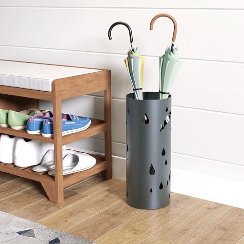 HOMCOM Galvanised Steel Umbrella Holder, Hollowed Umbrella Stand with 4 Hooks and Removable Drip Tray, Round Umbrella Basket for Hallway, Dark Grey - Cosy Home Interiors HOMCOM Galvanised Steel Umbrella Holder, Hollowed Umbrella Stand with 4 Hooks and Removable Drip Tray, Round Umbrella Basket for Hallway, Dark Grey - Image 6
