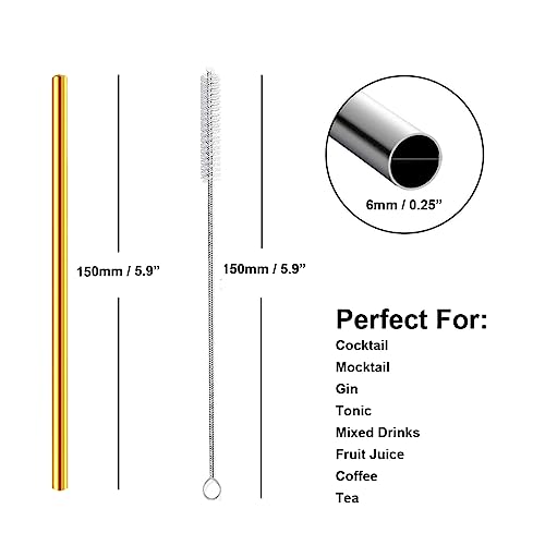 Short Cocktail Straws, Metal Stainless Steel Reusable Small Mini Coffee Stir Drinking Straw for Party Accessories Mason Jar Tumbler Juice Box Tea Coffee Mocktails Mojito Drinks with Brush, Gold 8Pcs