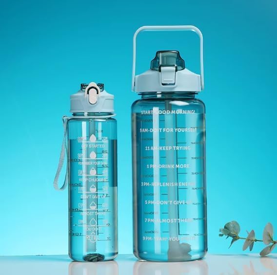 Image of Set of 3 Transparent Water Bottle 2000ML, 900ML, 300ML with Motivational Time Marker |Leak Proof&Break-Proof | Best Usage For Office /School /Gym /Travel (SET OF 3) (GREEN)